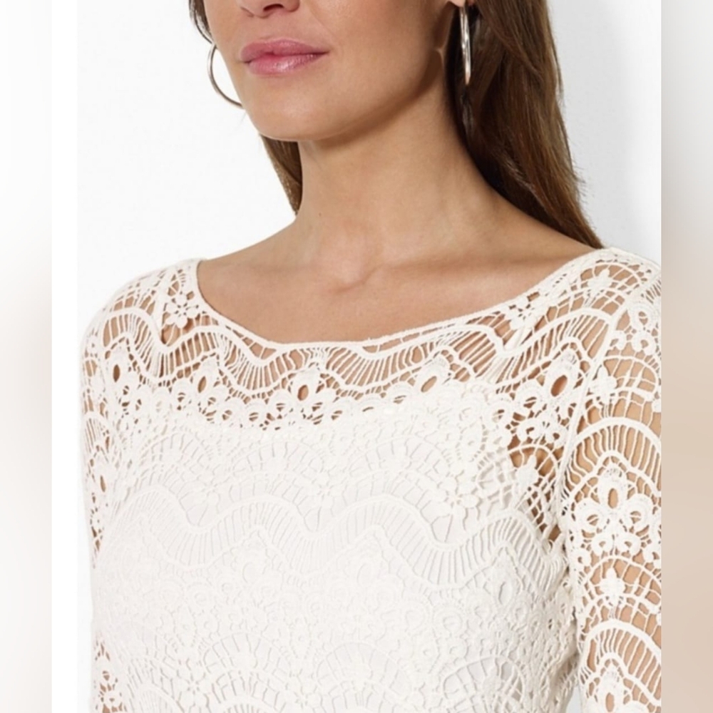 Ralph Lauren 100%Cotton White Crochet Sheath Dress 3/4 Sleeve Crew Neck Lined M - Picture 6 of 16